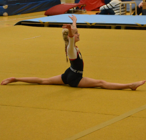 Frieda im Spagat auf der Bodenfläche